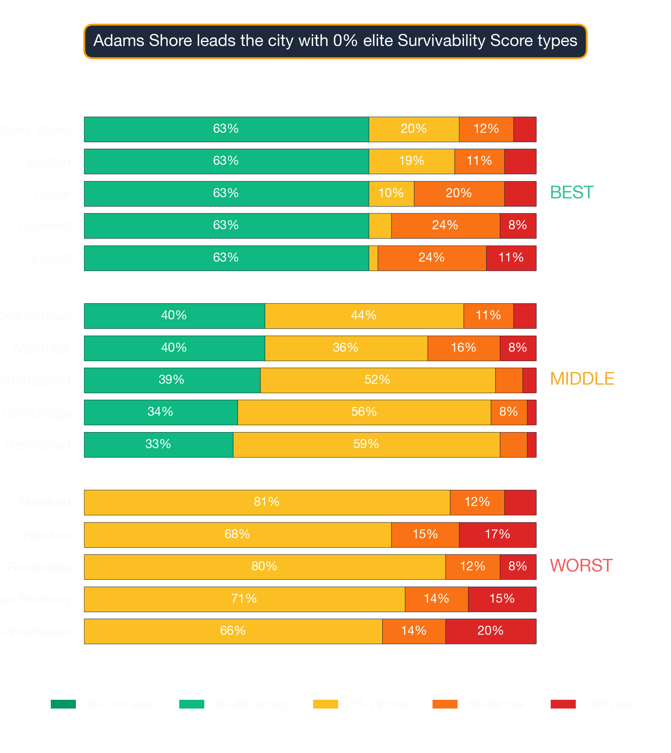 Stacked bar chart showing survivability-score band distribution for top, middle, and bottom Boston neighborhoods.