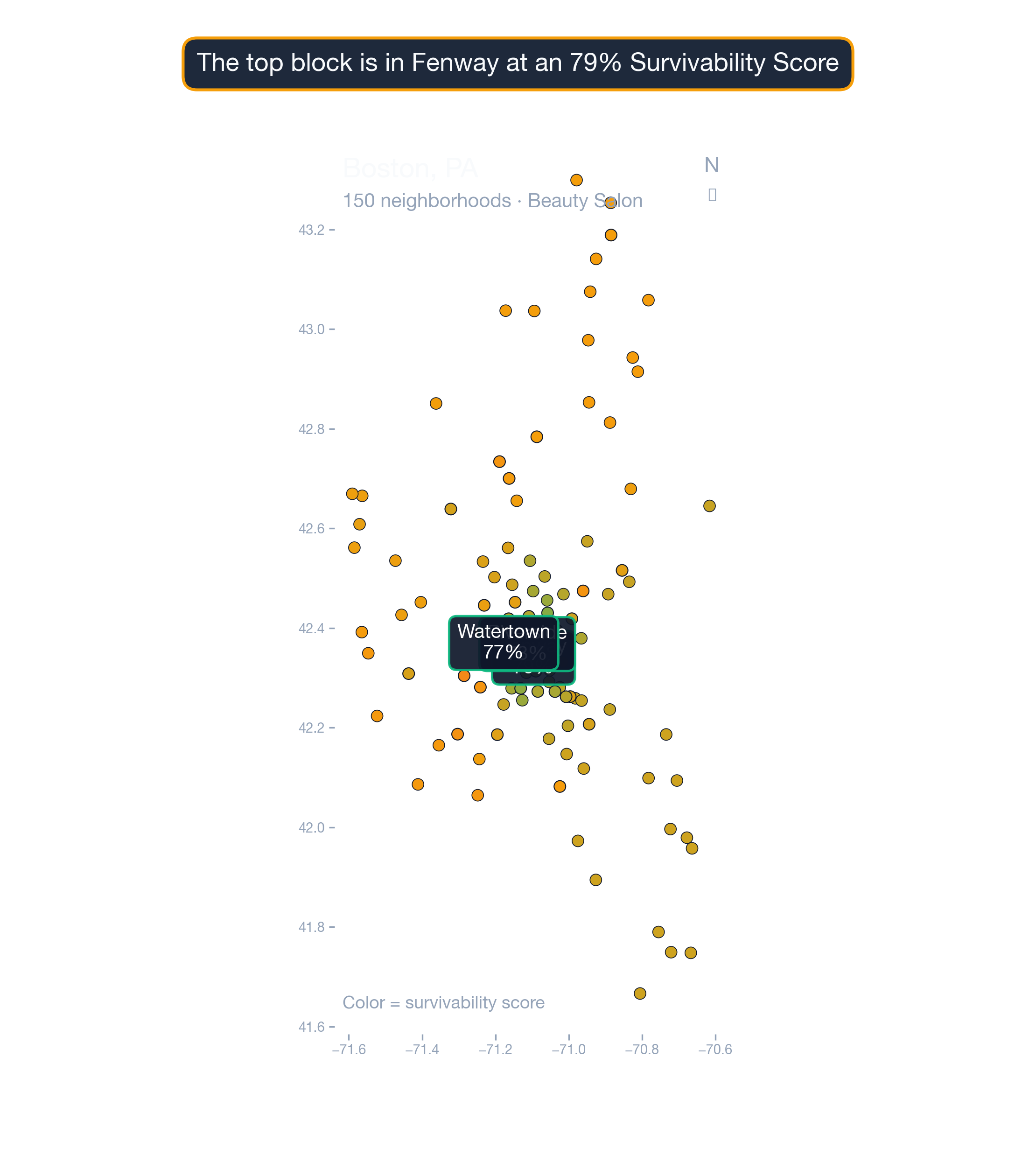 city_choropleth chart of Boston business survivability.