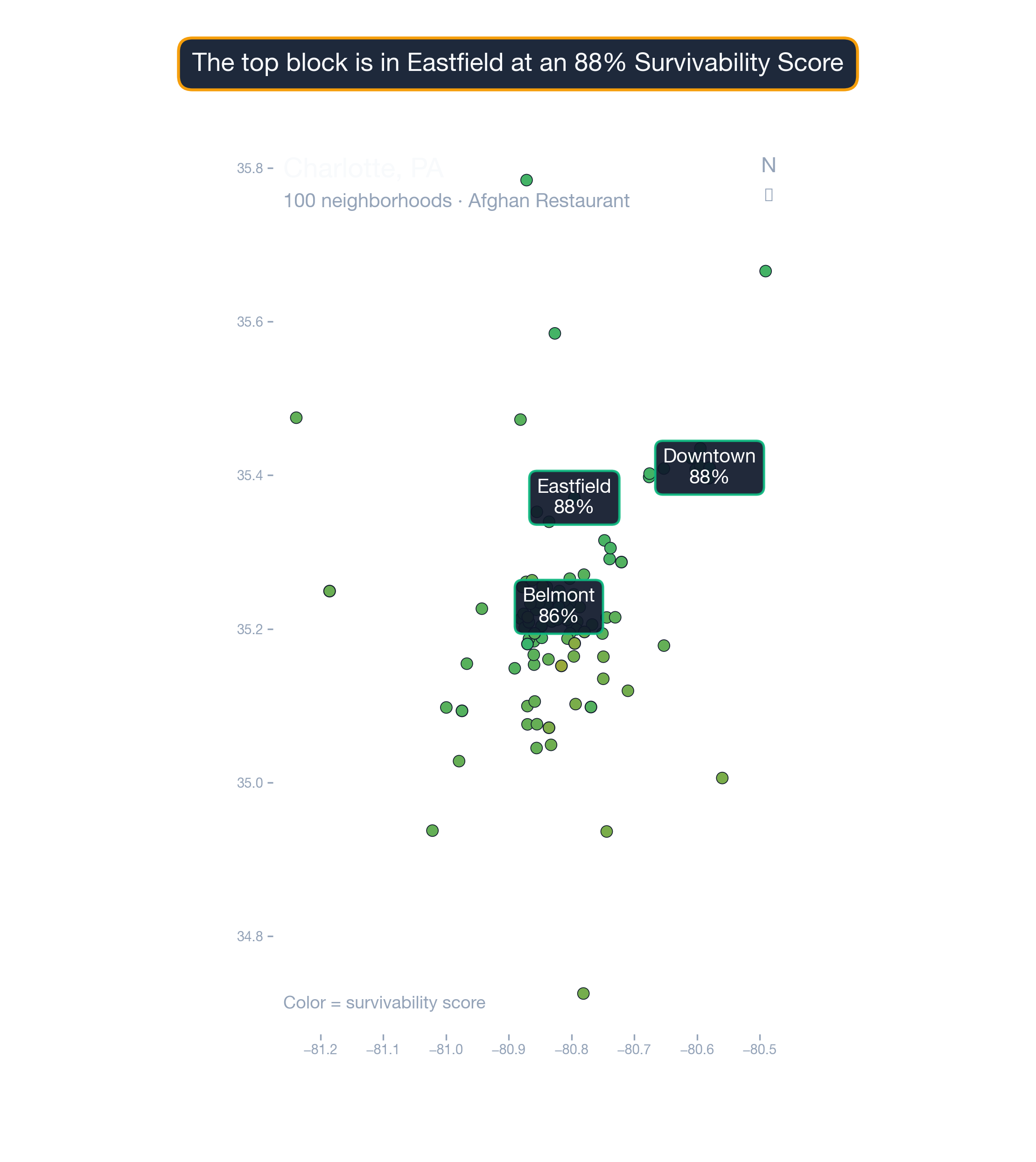 city_choropleth chart of Charlotte business survivability.
