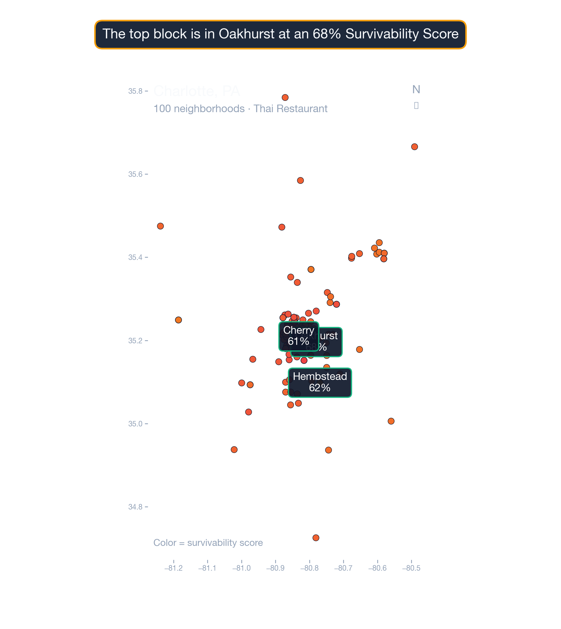 city_choropleth chart of Charlotte business survivability.