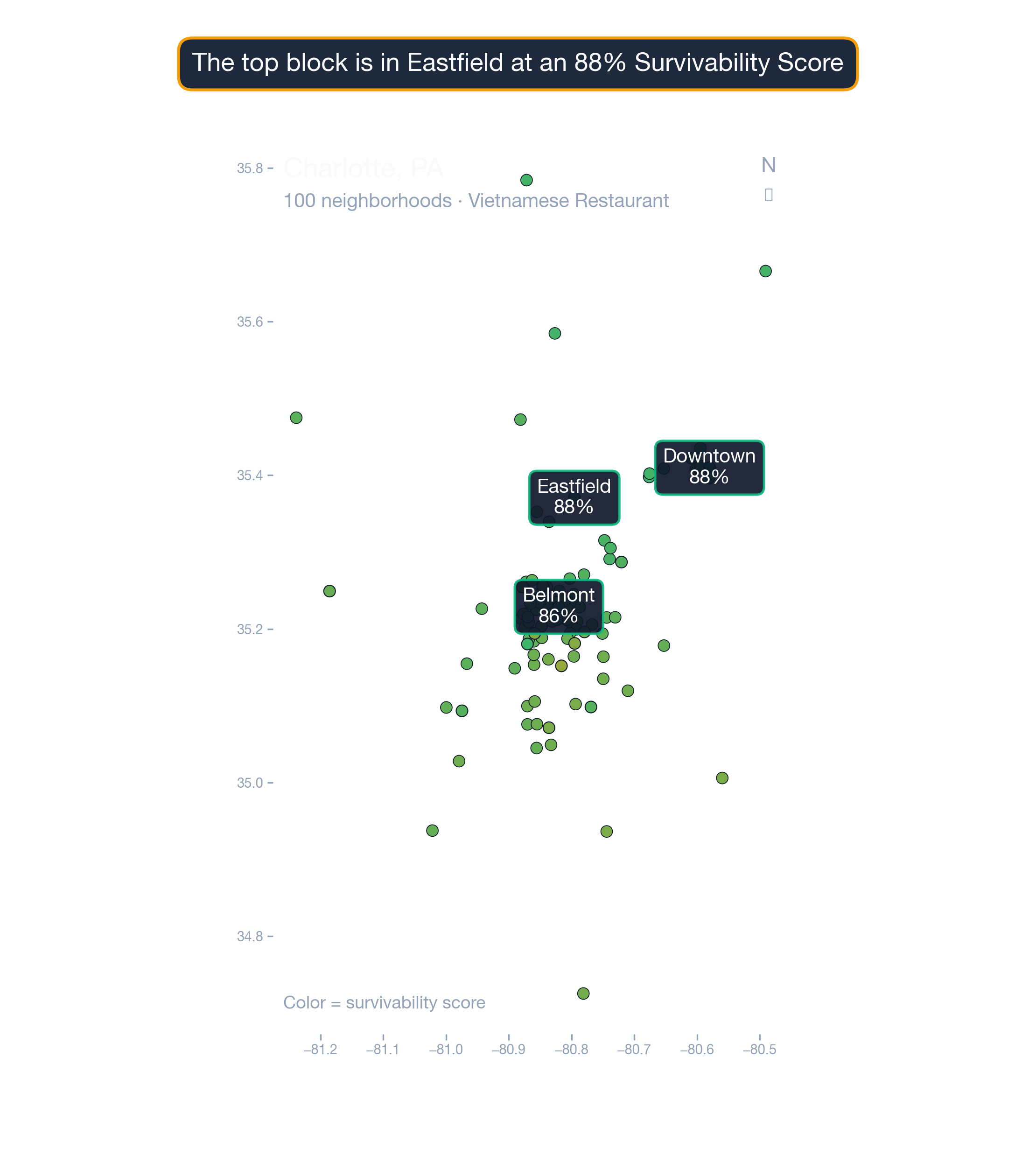 city_choropleth chart of Charlotte business survivability.