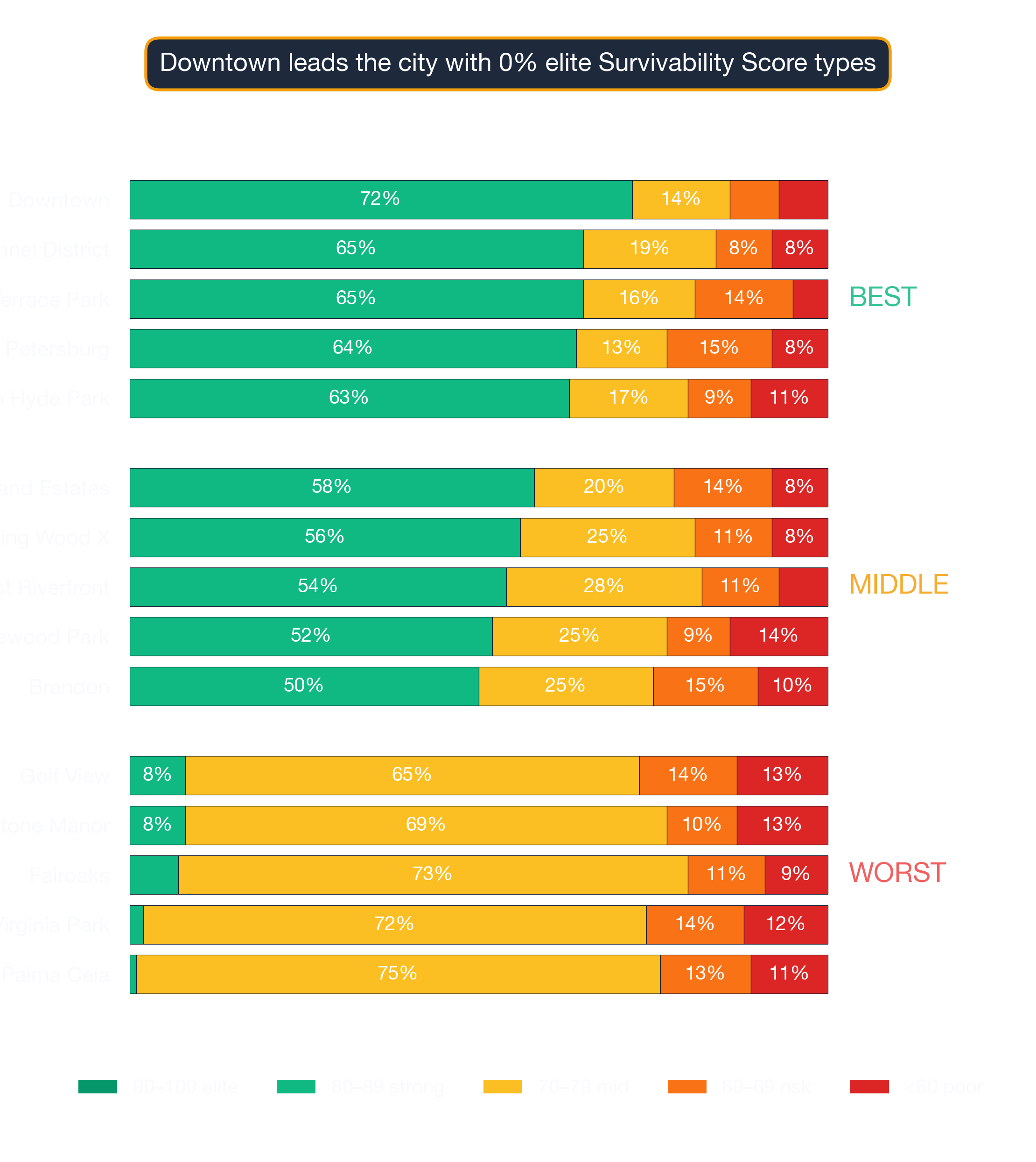 Stacked bar chart showing survivability-score band distribution for top, middle, and bottom Tampa Bay neighborhoods.