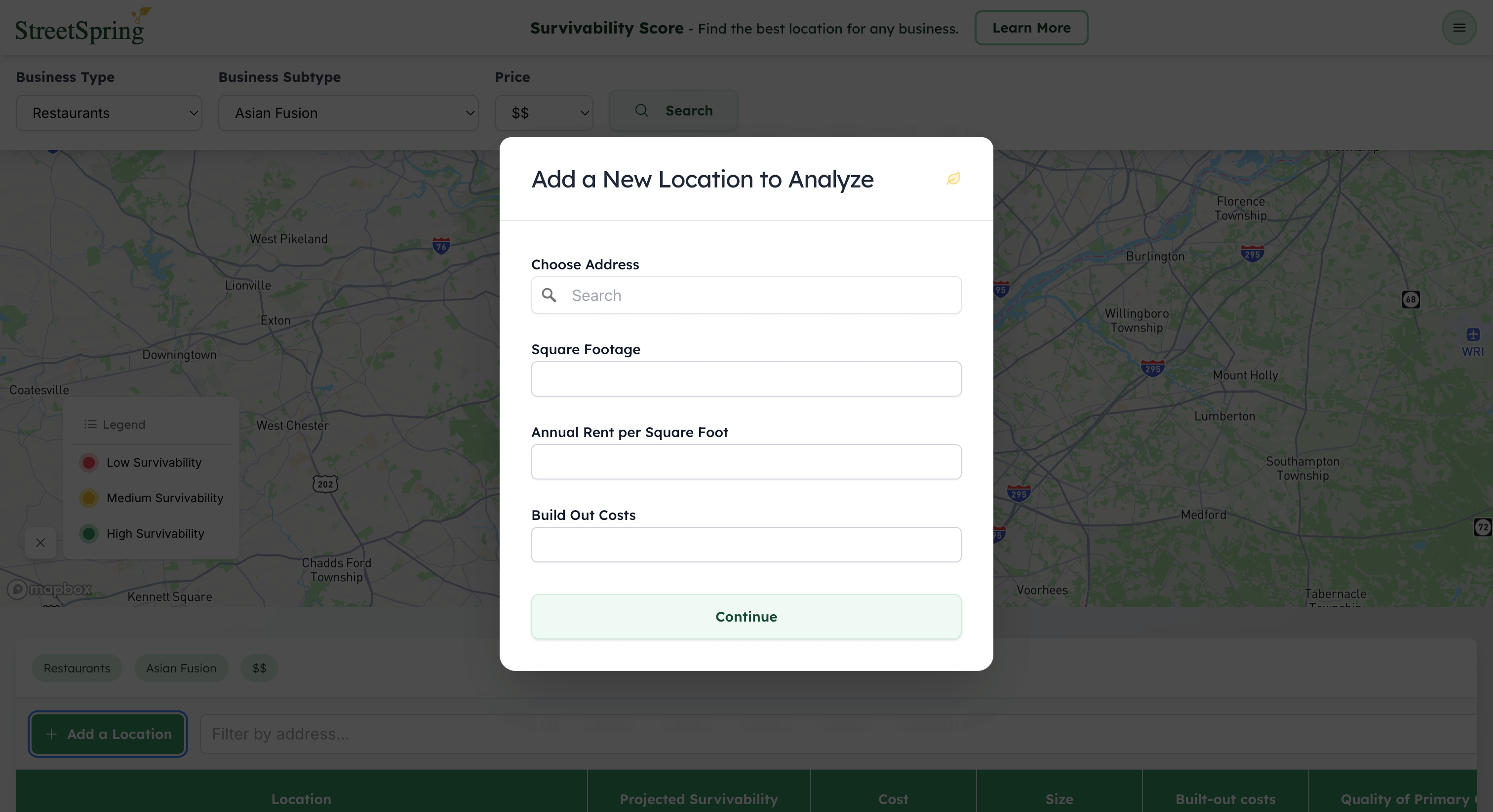 StreetSpring's Add a New Location to Analyze dialog showing input fields for address, square footage, annual rent per square foot, and build-out costs.